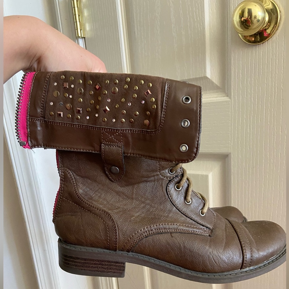 Justice brown and hot pink combat boots